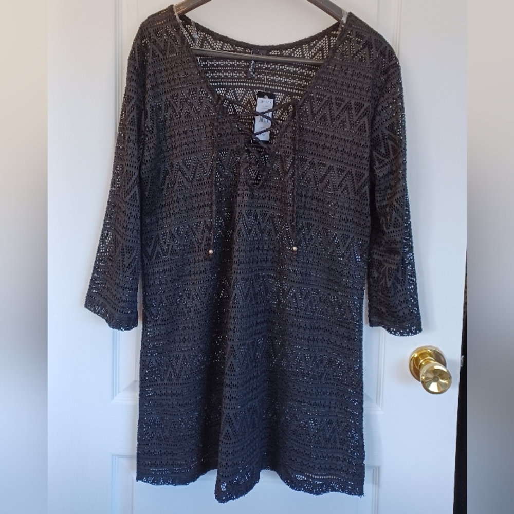 NEW WITH TAGS PORTOCRUZ BLACK CROCHET LACE-UP TUNIC SWIM COVER-UP DRESS LARGE